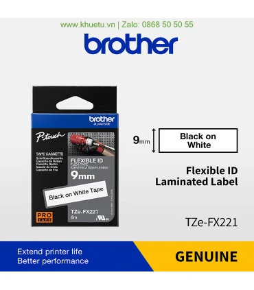 Brother TZe-FX221, khổ 9mm, dài 8m, Black on White, siêu dẻo, chống thấm nước | ⓿❽❻❽❺⓿❺⓿❺❺ | Nhãn in, tem in, giấy in, băng n...