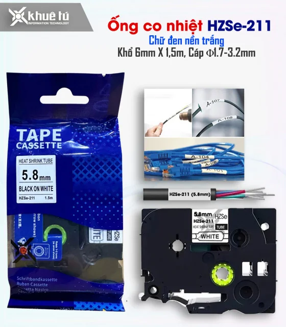 Ống co nhiệt HZSe-211, khổ 6mm x 1,5m, cáp 1.7-3.2mm, màu trắng