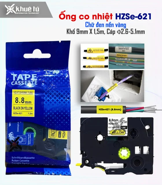 Ống co nhiệt HZSe-621, khổ 9mm x 1,5m, cáp 2.6-5.1mm, màu vàng