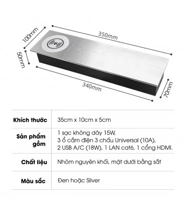 Ổ cắm điện âm bàn trượt, có sạc không dây MK102SS (Silver) | ⓿❽❻❽❺⓿❺⓿❺❺ | khuetu.vn