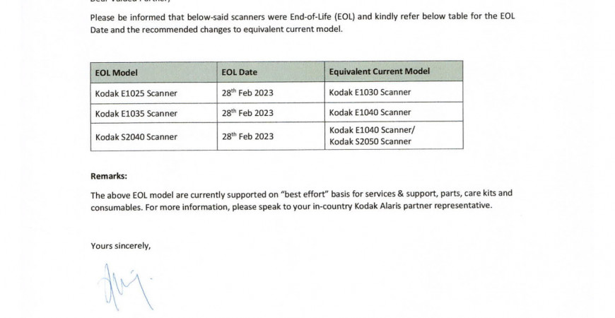 Thông báo EOL-Ngừng sản xuất với các model máy scan Kodak E1025, E1035, S2040