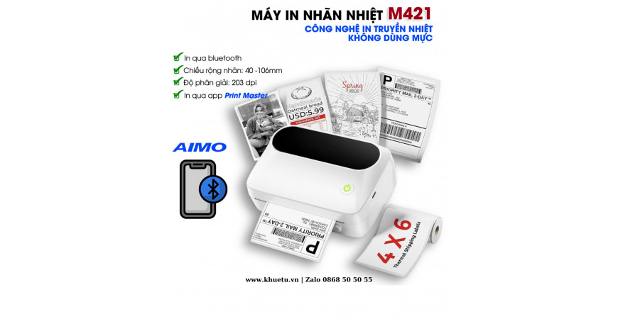 AIMO M421 – Máy in nhãn Bluetooth 4 inch, in vận đơn & mã vạch di động